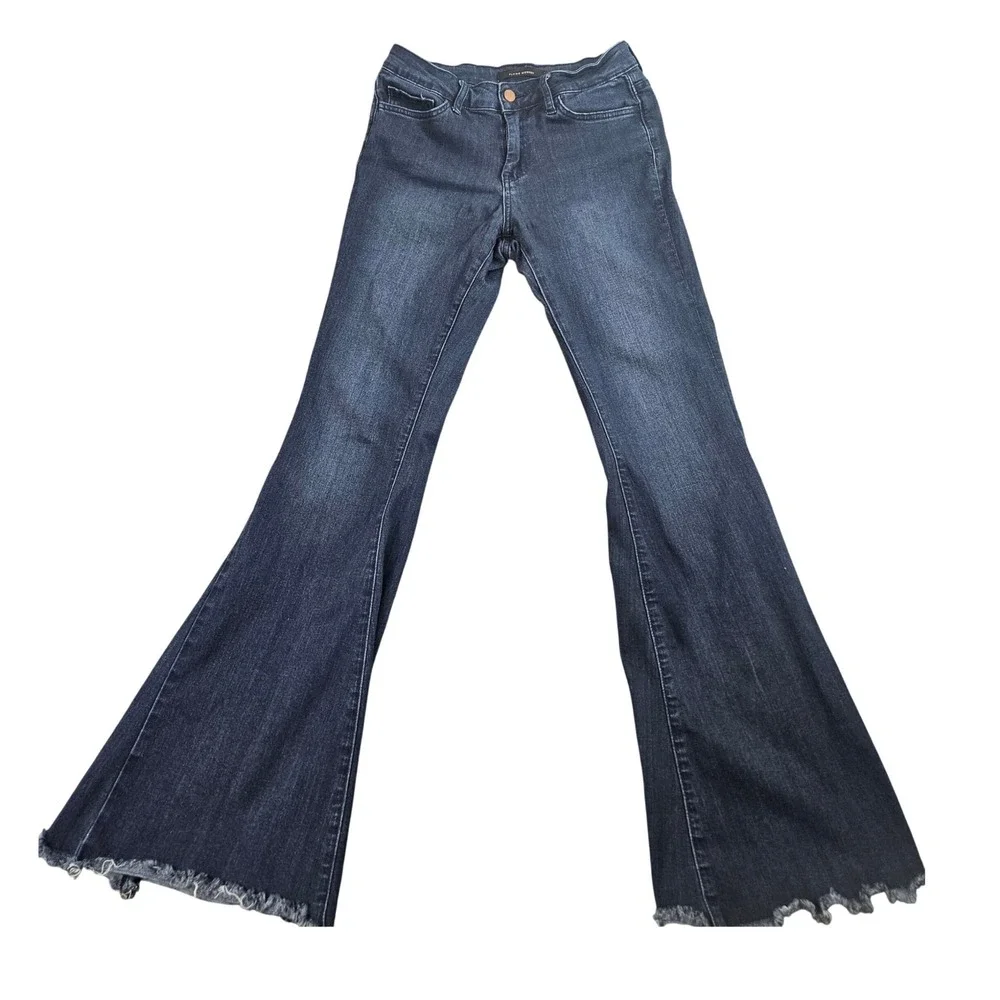 Flying‎ Monkey Flare Jeans Womens 26 Dark Wash Raw Hem Denim Retro Boho Boho